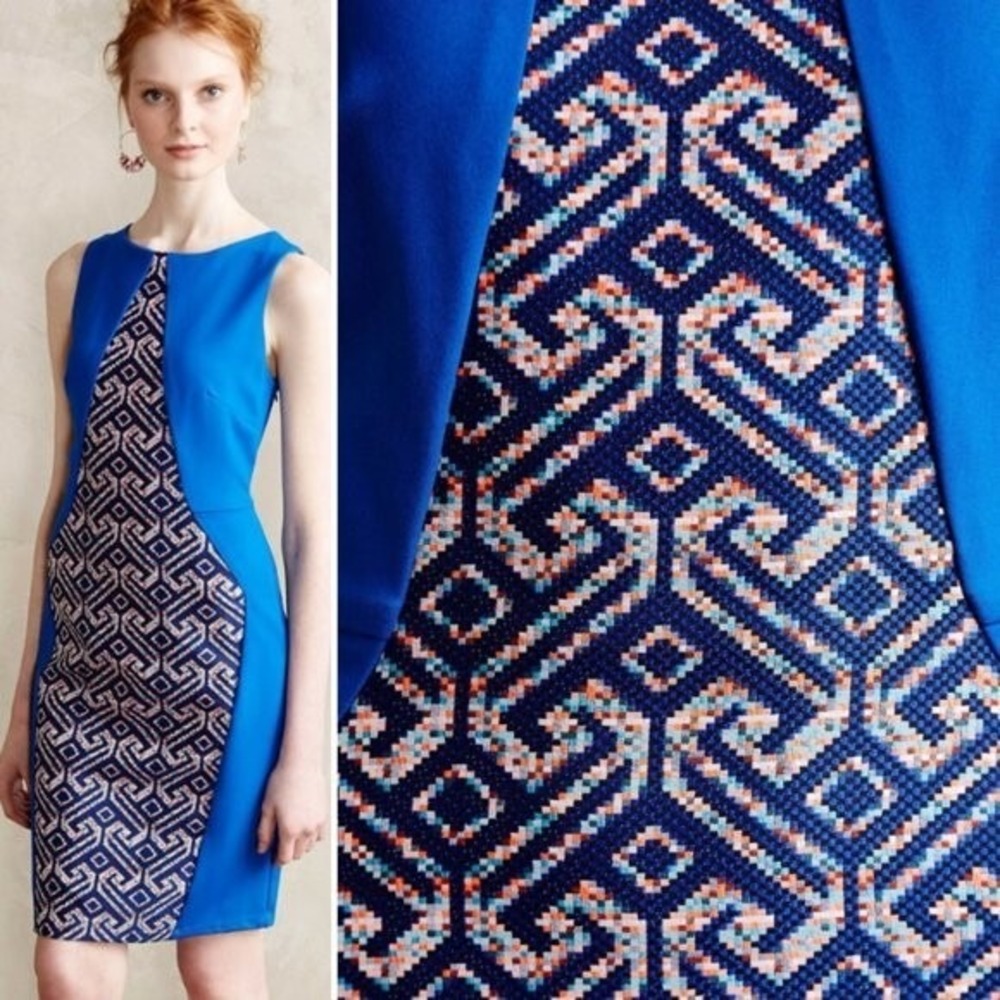 Eva Franco Saiph Sheath Dress Sz 4 Blue Ponte‎ Sleeveless Jacquard Anthropologie